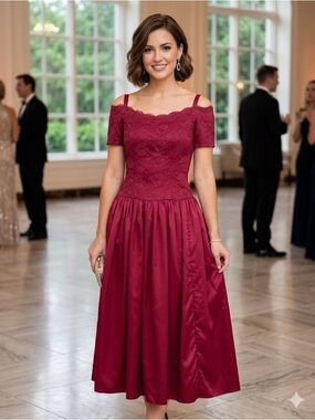 Off-Shoulder Lace Bodice Midi Dress in Wine